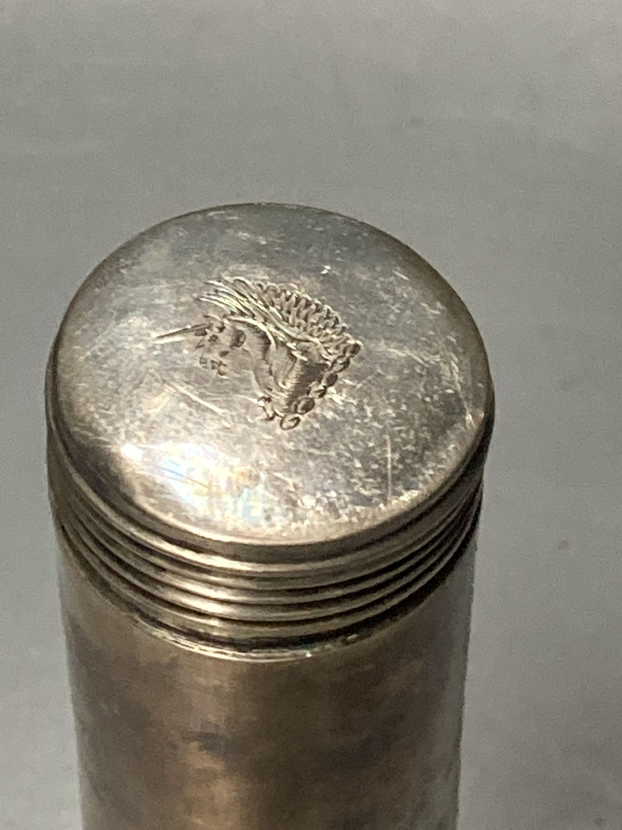 Three silver mounted travelling jars, two in a case, largest 17.1cm,